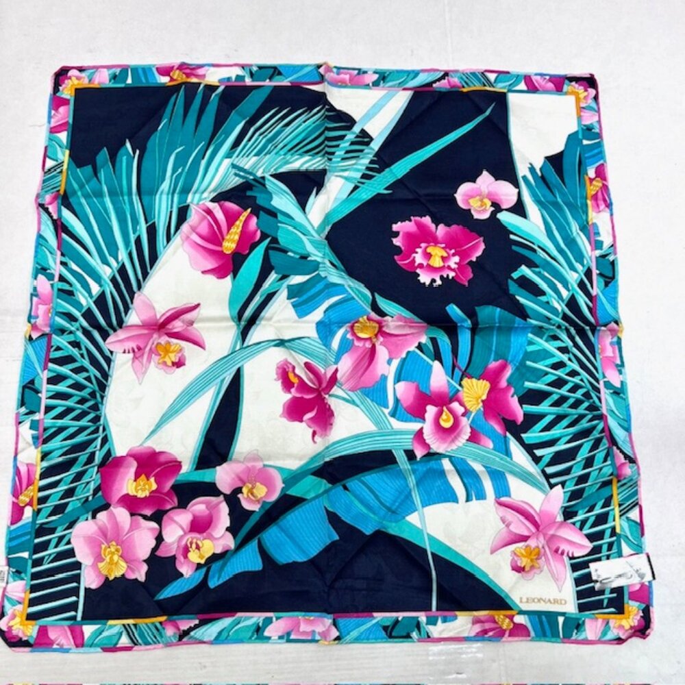 New Tag On Leonard  Scarf Cotton/Silk 22"  Black Blue Green Pink floral (54) - Picture 5 of 7